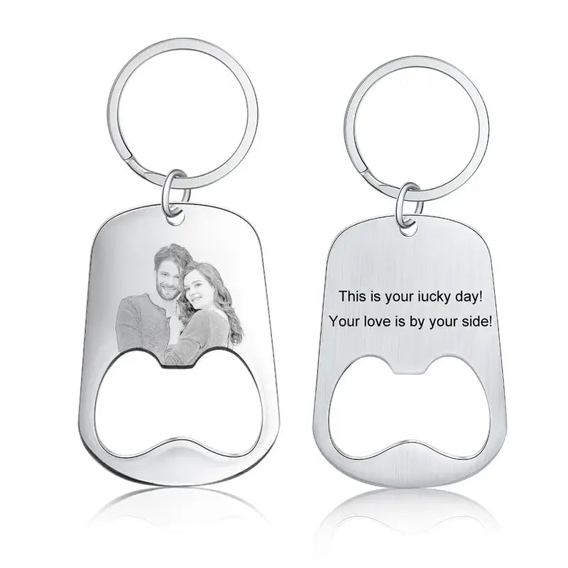 Personalised Bottle Opener Photo Keyring with Engraving