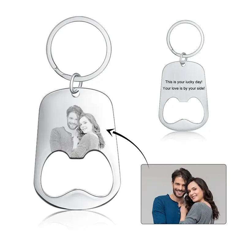 Personalised Bottle Opener Photo Keyring with Engraving