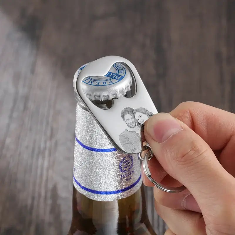 Personalised Bottle Opener Photo Keyring with Engraving