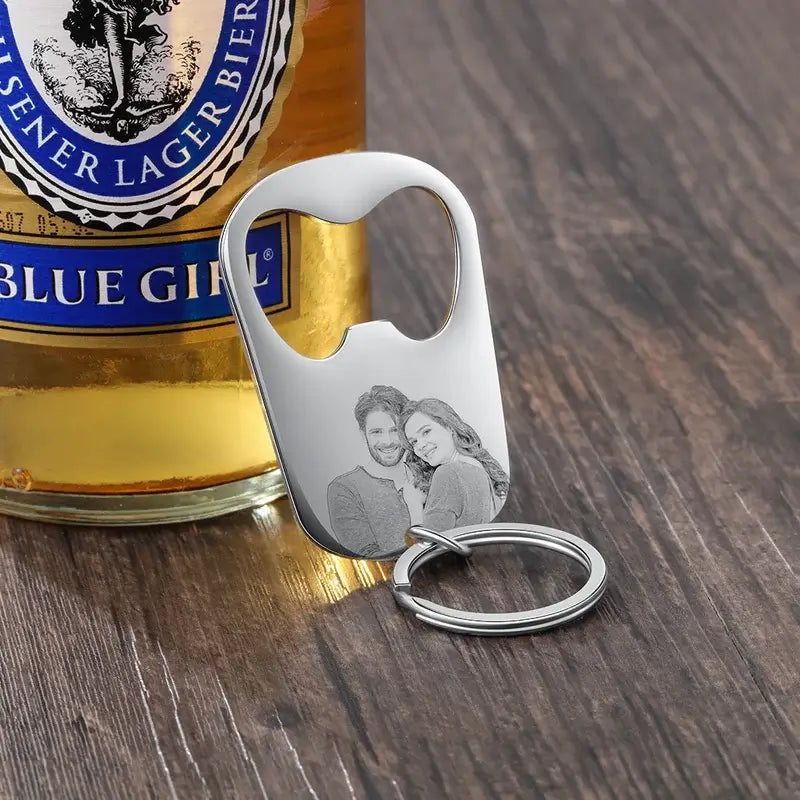 Personalised Bottle Opener Photo Keyring with Engraving