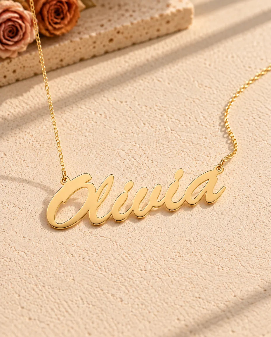 Personalised Brush Script Name Necklace in 925 Sterling Silver - Custom Nameplate - in gold finish