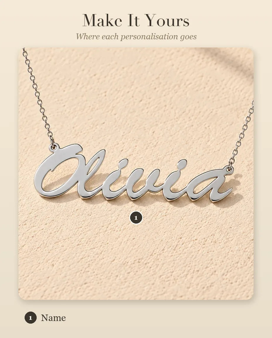 Personalised Brush Script Name Necklace in 925 Sterling Silver - Custom Nameplate - personalisation guide: where your name goes