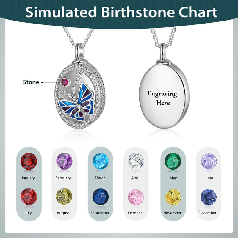 Personalised Ashes Necklace - Oval Butterfly Locket with Engraving and Birthstone