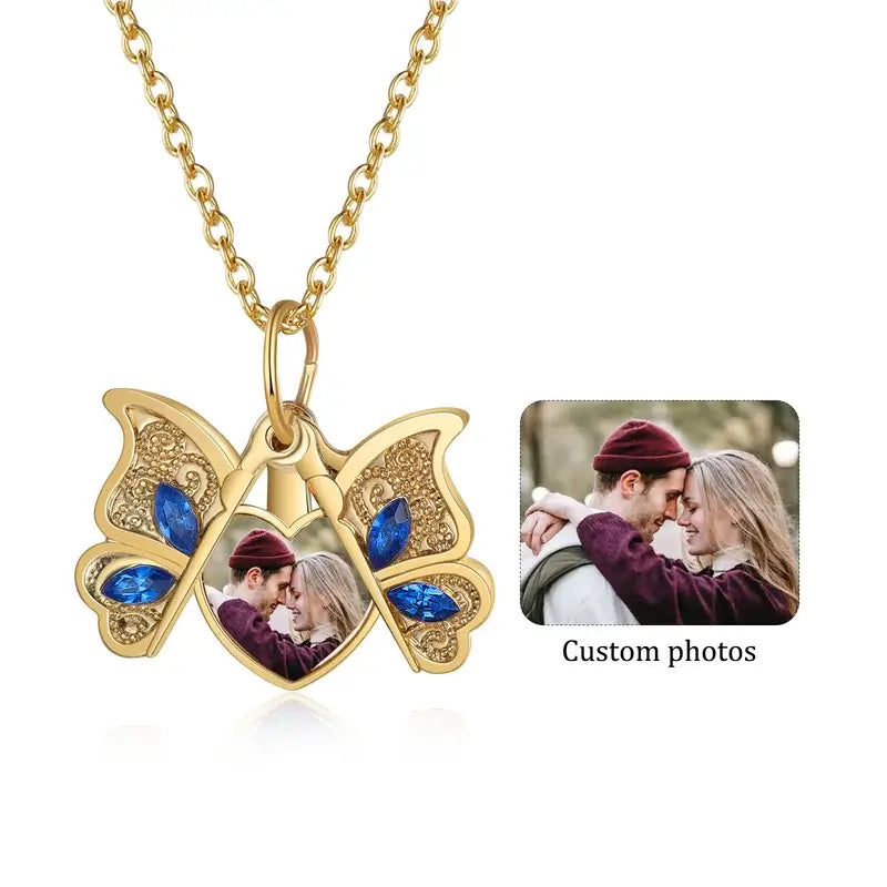 Personalised Butterfly Photo Locket Necklace - Heart Charm in Silver/Gold