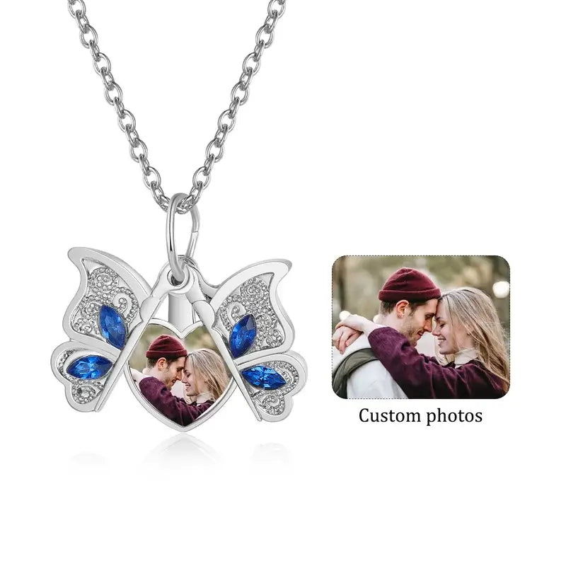 Personalised Butterfly Photo Locket Necklace - Heart Charm in Silver/Gold