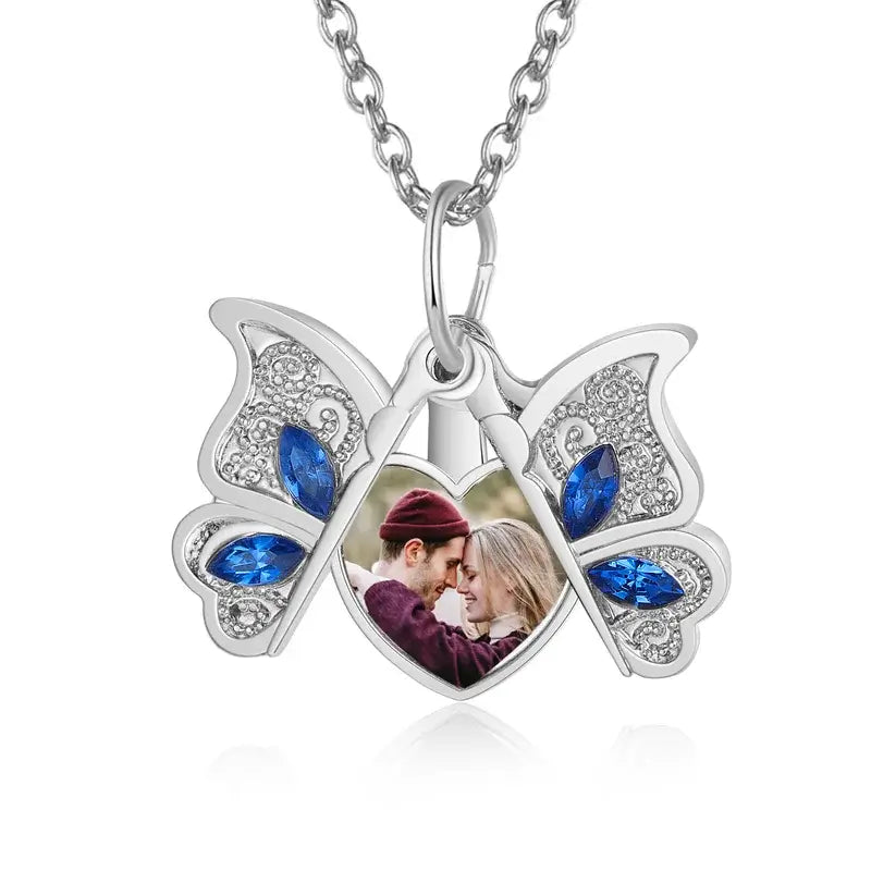Personalised Butterfly Photo Locket Necklace - Heart Charm in Silver/Gold