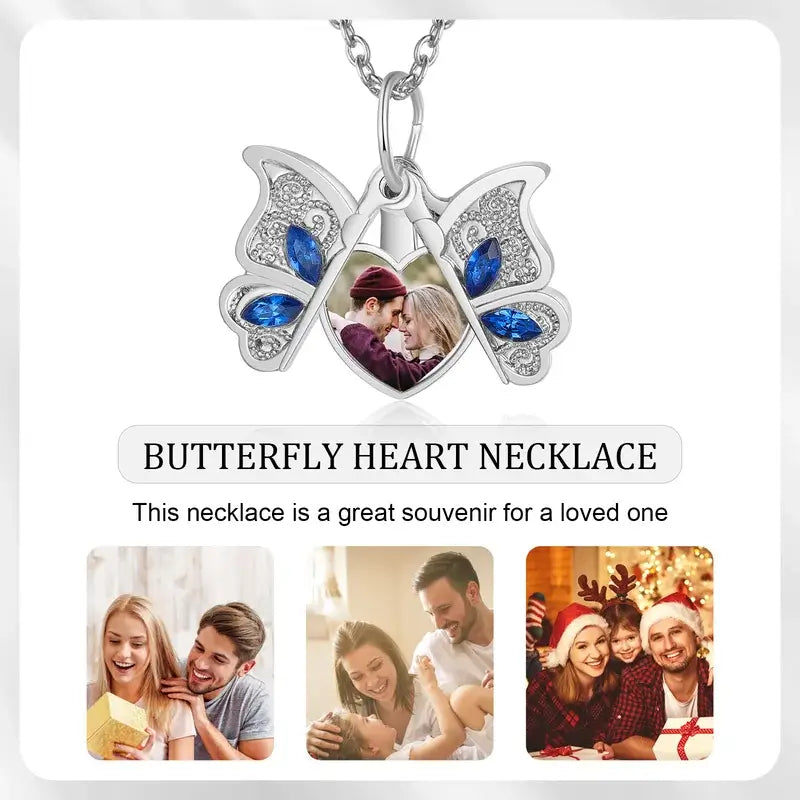 Personalised Butterfly Photo Locket Necklace - Heart Charm in Silver/Gold