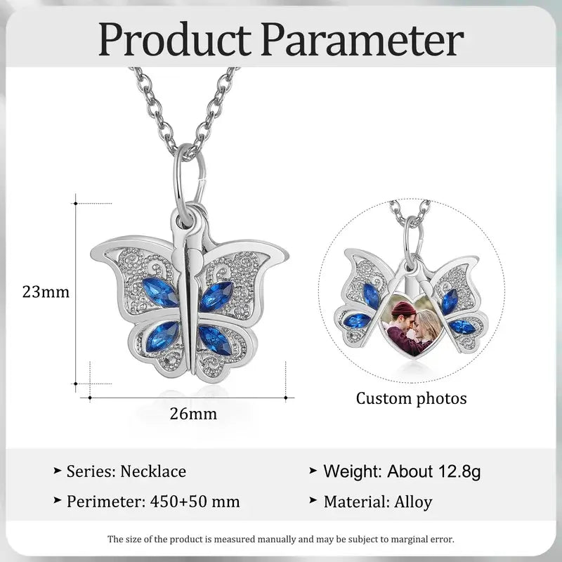 Personalised Butterfly Photo Locket Necklace - Heart Charm in Silver/Gold