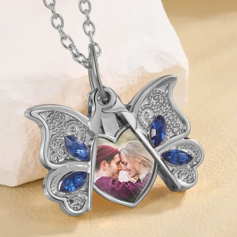 Personalised Butterfly Photo Locket Necklace - Heart Charm in Silver/Gold