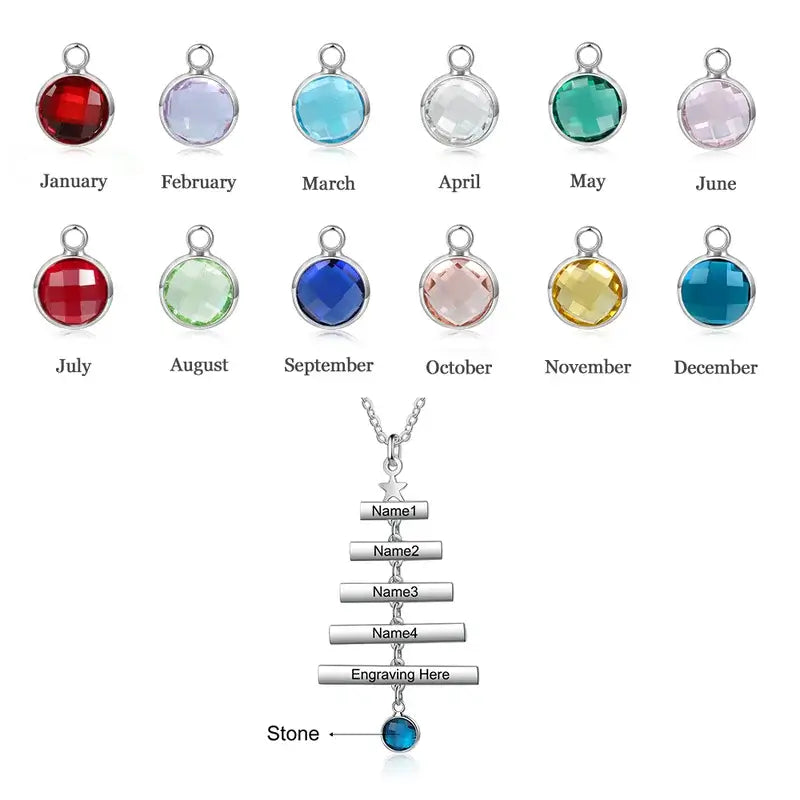 Christmas Tree Family Necklace with Birthstone | Personalised Name Necklace