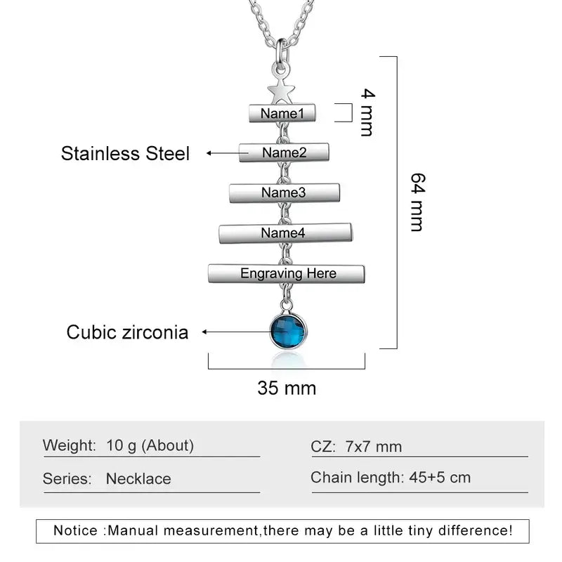 Christmas Tree Family Necklace with Birthstone | Personalised Name Necklace