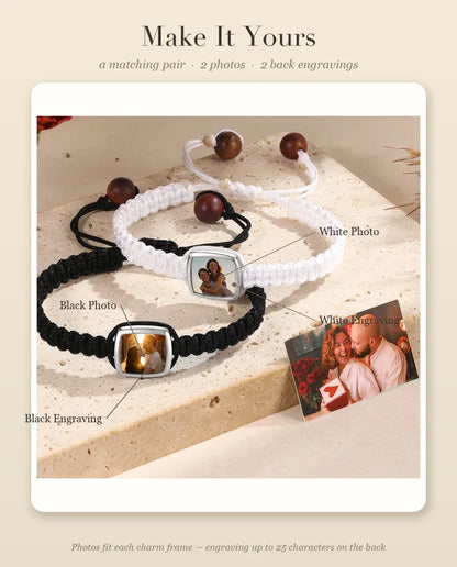 Personalisation guide: photo and back engraving positions for the white and black couple bracelets