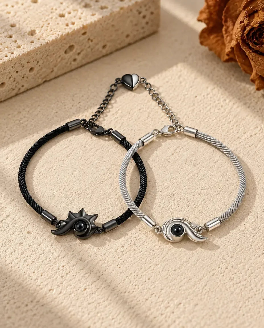 Photo Projection Couple Bracelets - matching pair laid flat