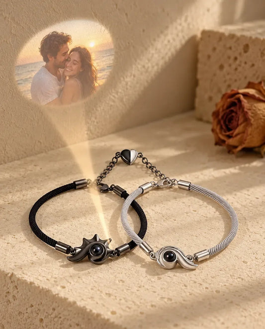 Photo Projection Couple Bracelets - projecting the hidden photo onto a wall