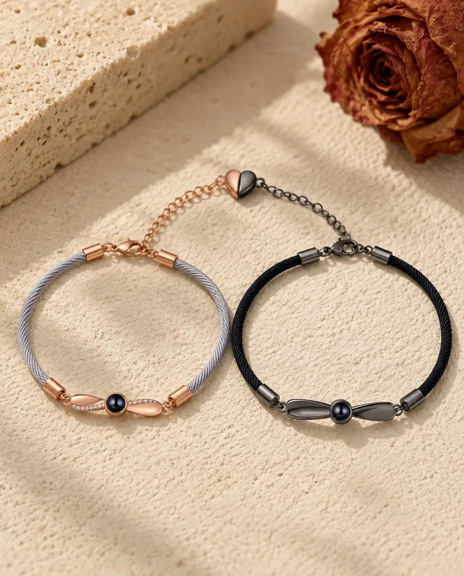 Personalised Photo Projection Couple Bracelet - matching pair laid flat