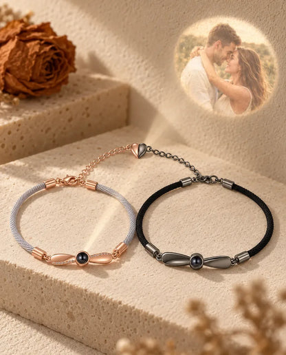 Personalised Photo Projection Couple Bracelet - projecting the hidden photo onto a wall
