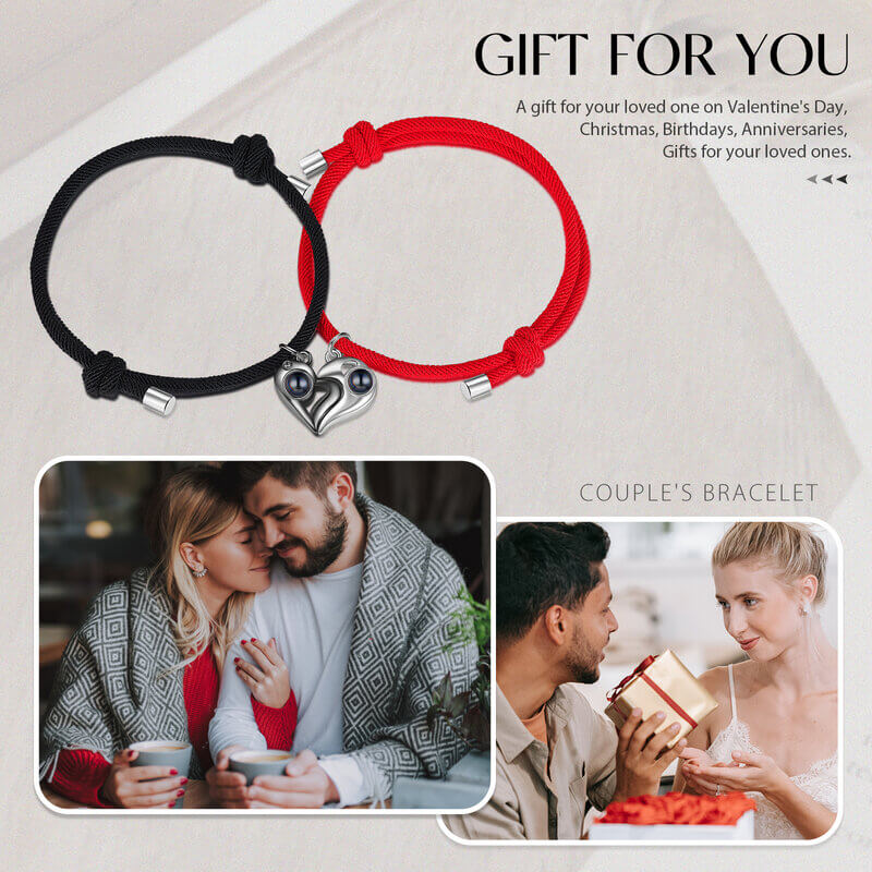 Personalised Couple Photo Projection Heart Charm Bracelets