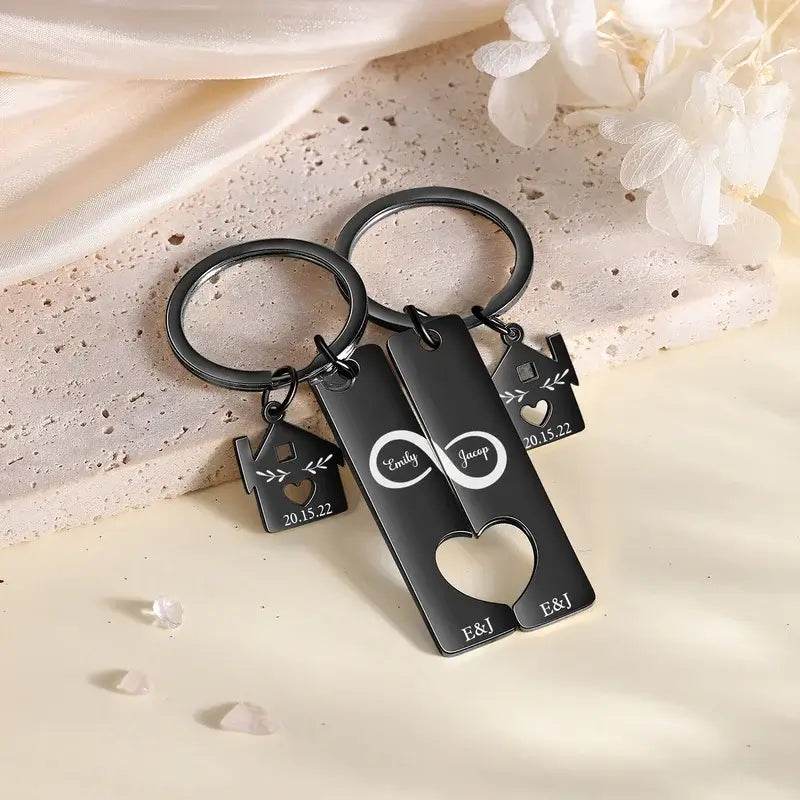 Matching Couples Personalised Name Keyrings, Personalised Keyrings Engraved Name, Customised Keyrings Gift for Couples with Date and Initials