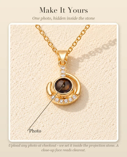 Personalisation guide showing where your photo goes inside the projection stone of the crescent moon necklace
