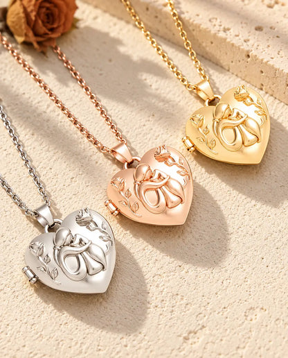 Dog lover heart photo lockets in silver tone, rose gold tone and gold tone laid diagonally on cream plaster