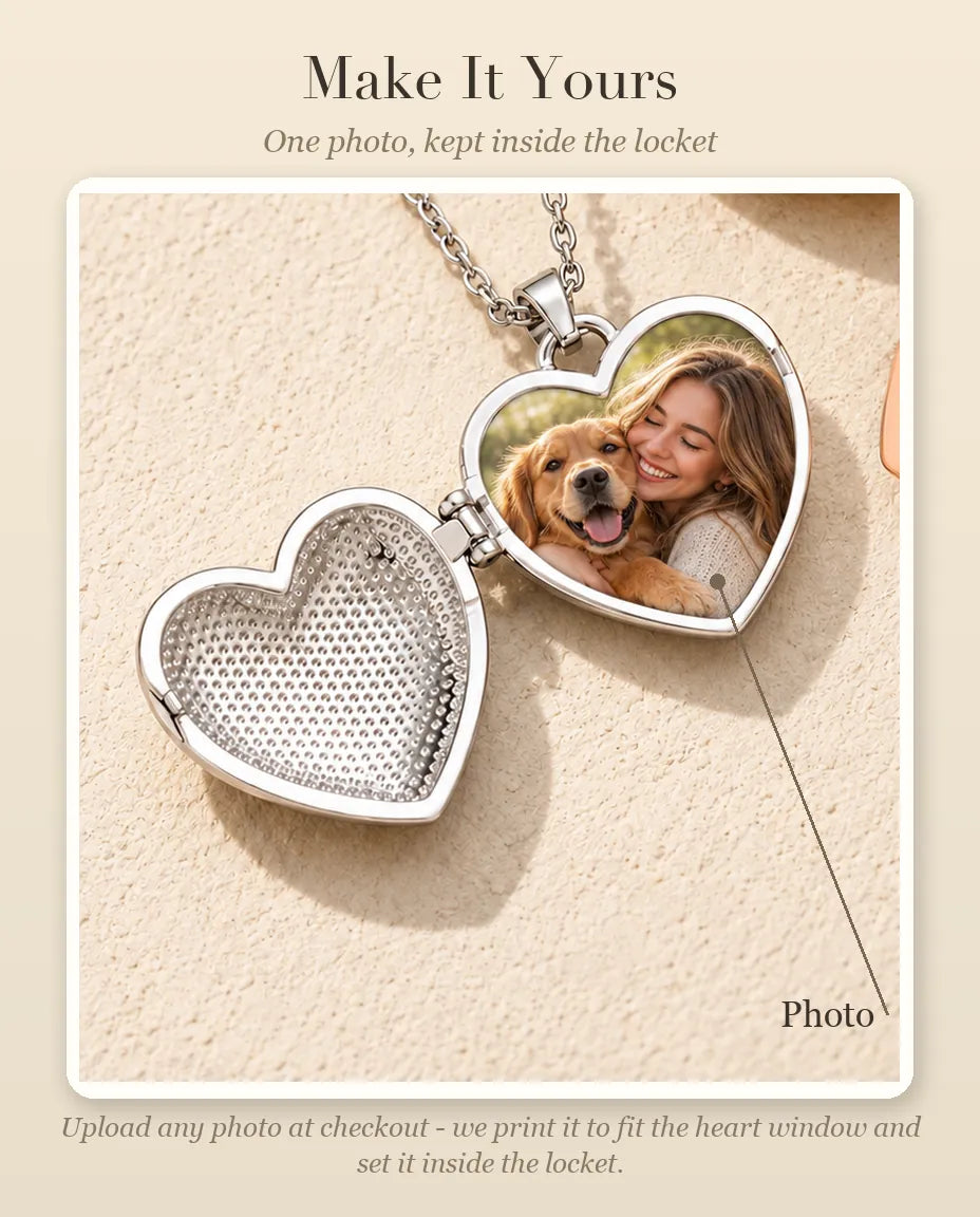 Personalisation guide showing where your photo goes inside the dog lover heart photo locket