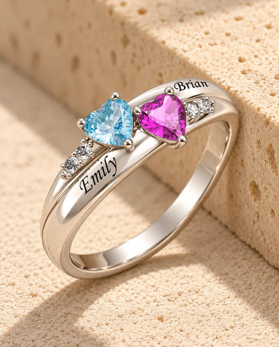 Personalised Dual Heart Birthstone Name Ring – Sterling Silver, 2 Engraved Names, Couples Gift for Her