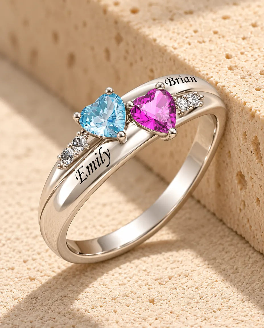 Personalised Dual Heart Birthstone Name Ring - in sterling silver