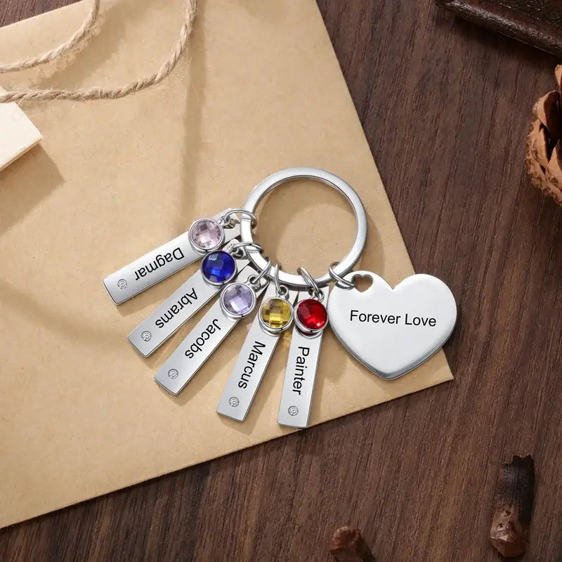 Personalised Engraved Bar Keyring with Birthstone