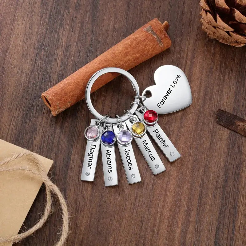 Personalised Engraved Bar Keyring with Birthstone