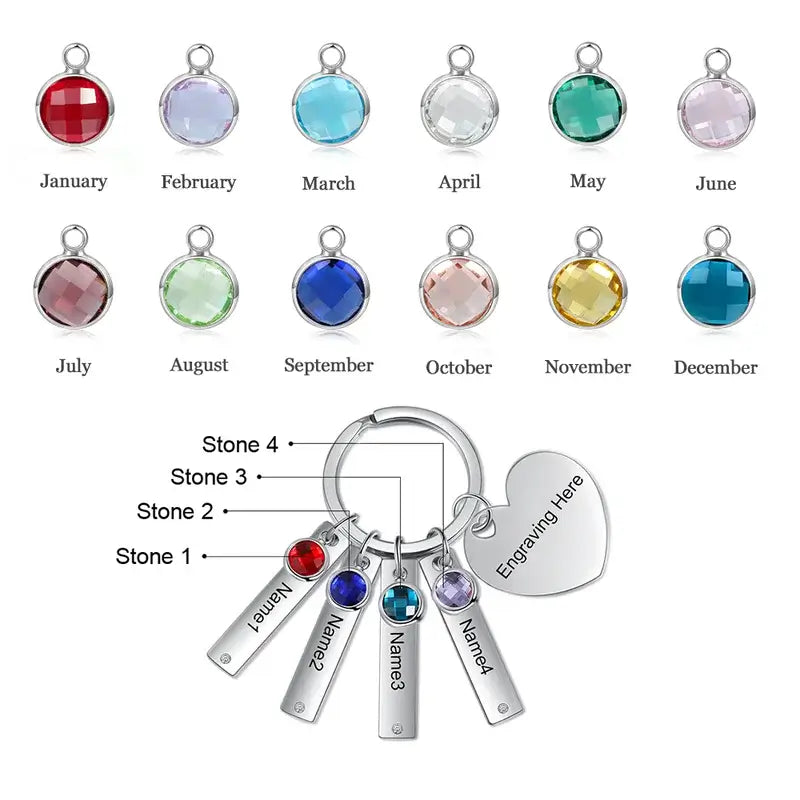 Personalised Engraved Bar Keyring with Birthstone