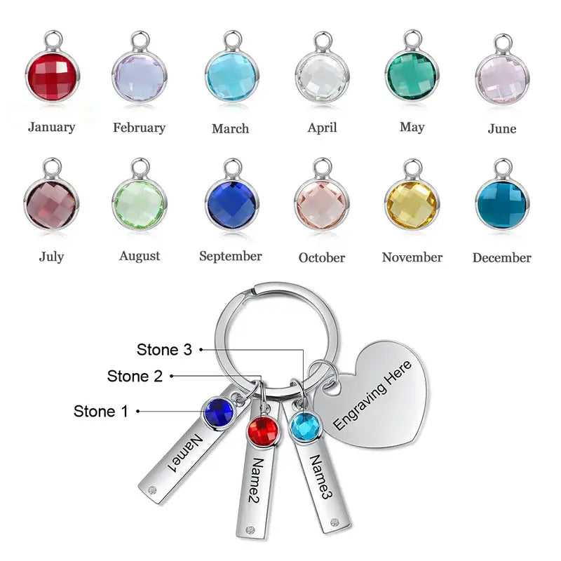 Personalised Engraved Bar Keyring with Birthstone