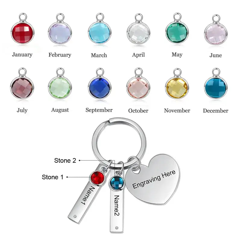 Personalised Engraved Bar Keyring with Birthstone