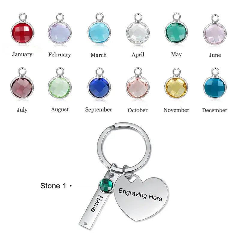 Personalised Engraved Bar Keyring with Birthstone