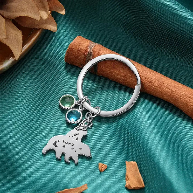 Personalised Engraved Bear Charm Keyring with Birthstone