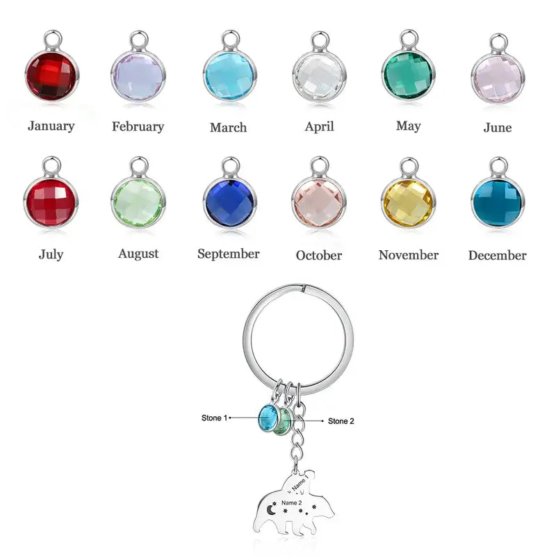 Personalised Engraved Bear Charm Keyring with Birthstone