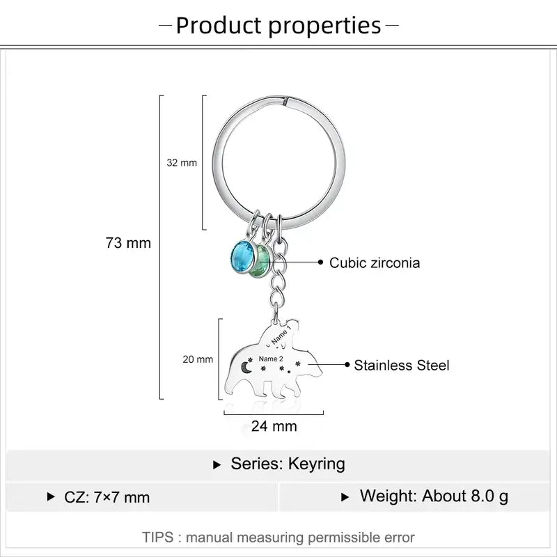 Personalised Engraved Bear Charm Keyring with Birthstone