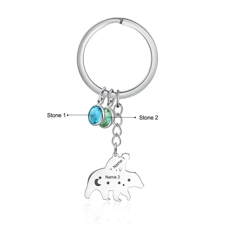 Personalised Engraved Bear Charm Keyring with Birthstone