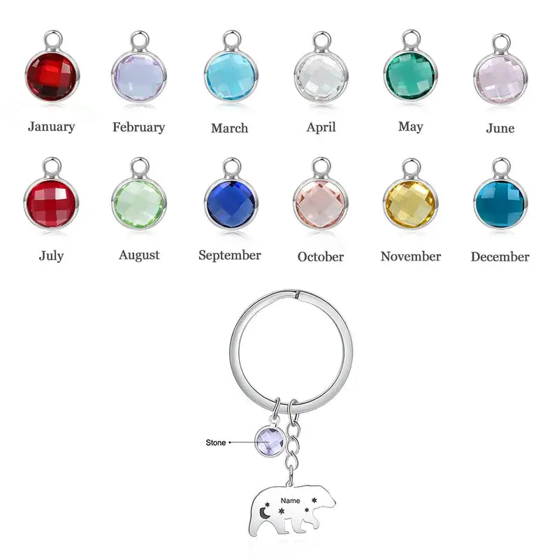 Personalised Engraved Bear Charm Keyring with Birthstone