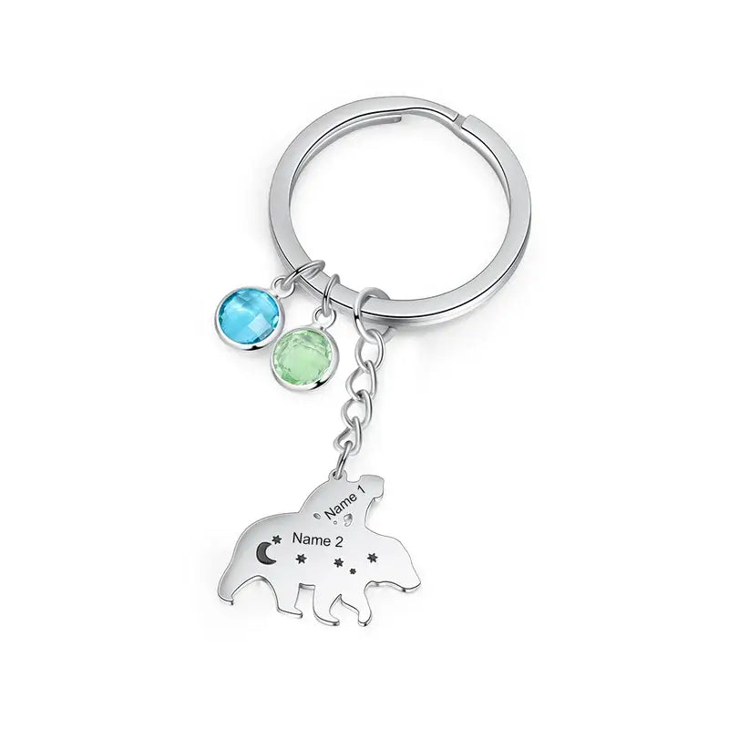 Personalised Engraved Bear Charm Keyring with Birthstone