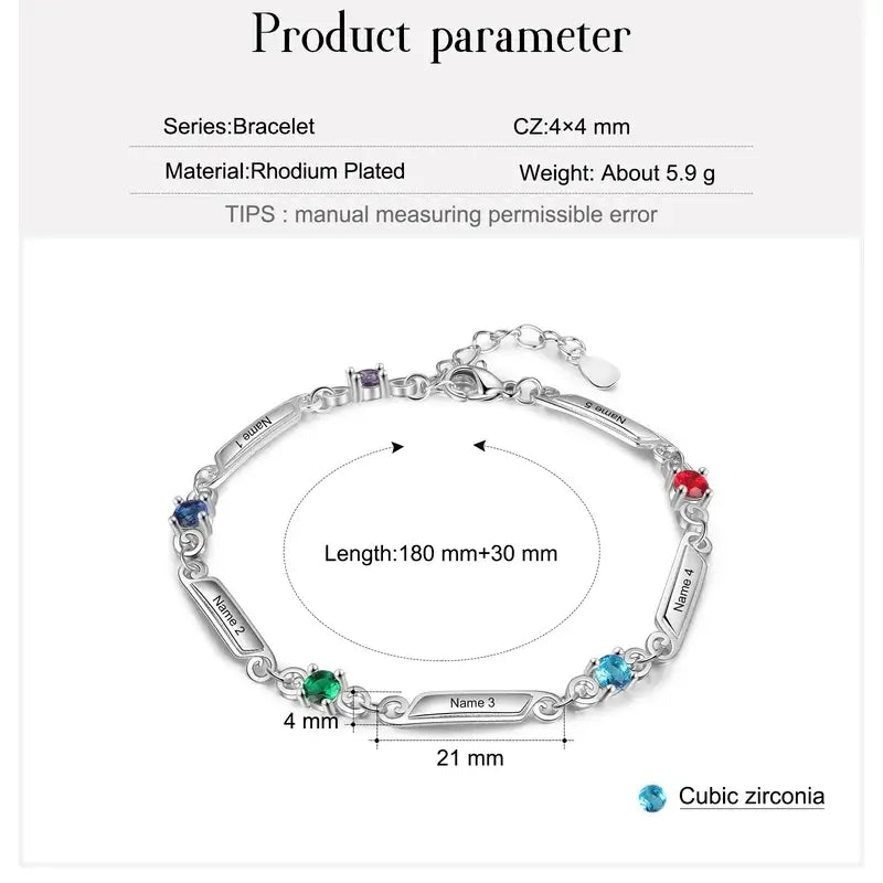 Engraved Name Bracelet | Personalised Birthstone Bracelet | Up to 5 Name and Birthstones