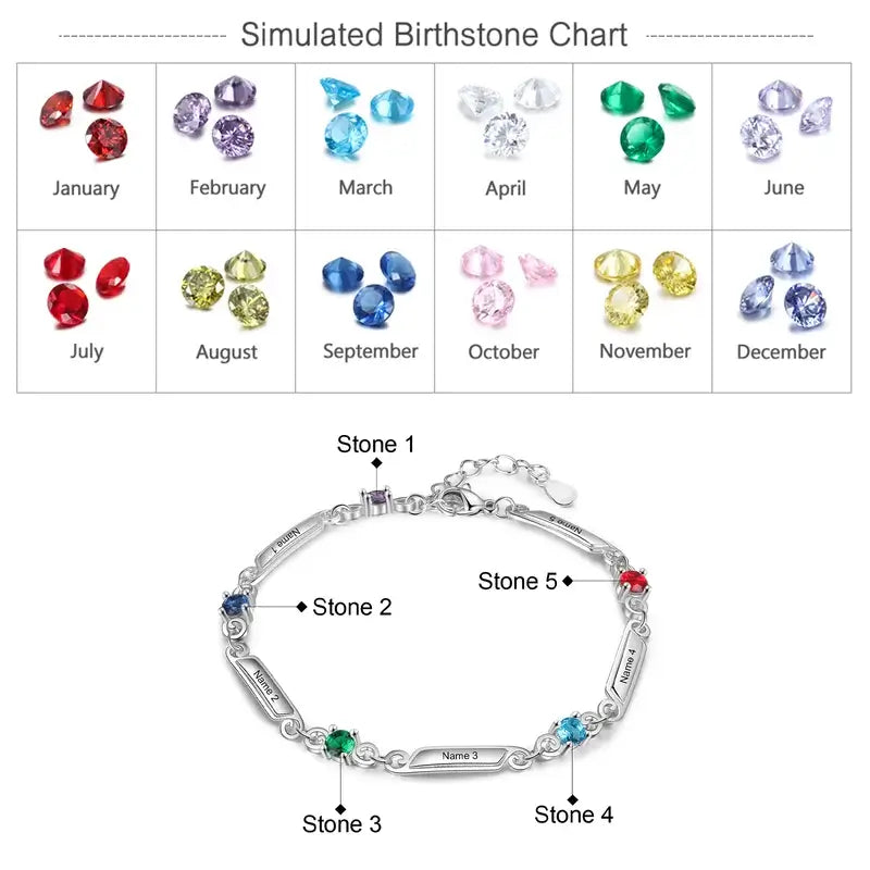 Engraved Name Bracelet | Personalised Birthstone Bracelet | Up to 5 Name and Birthstones