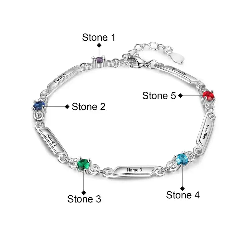 Engraved Name Bracelet | Personalised Birthstone Bracelet | Up to 5 Name and Birthstones