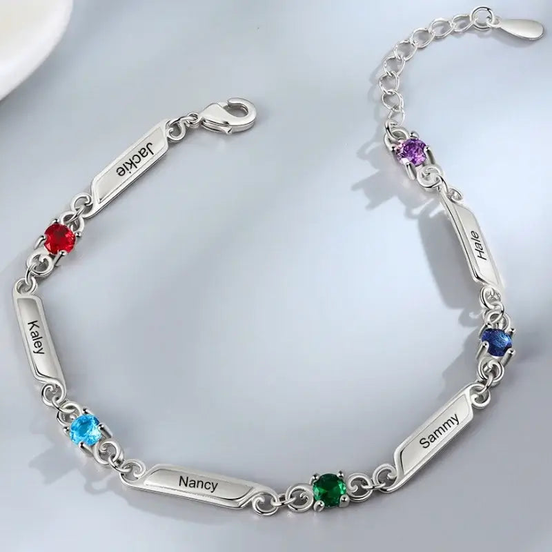 Engraved Name Bracelet | Personalised Birthstone Bracelet | Up to 5 Name and Birthstones