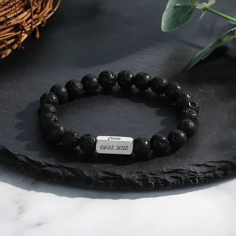 Personalised Engraved Couple Bracelets Magnesite Volcanic Stone IfShe UK