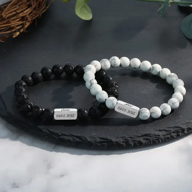 Personalised Engraved Couple Bracelets | Magnesite Stone, Volcanic Stone