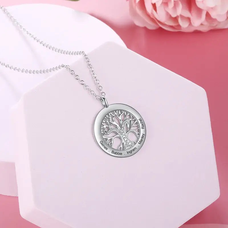 Personalised Engraved Family Tree Round Pendant Necklace