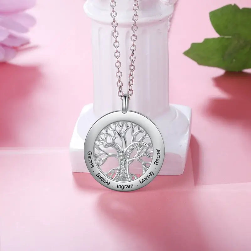 Personalised Engraved Family Tree Round Pendant Necklace