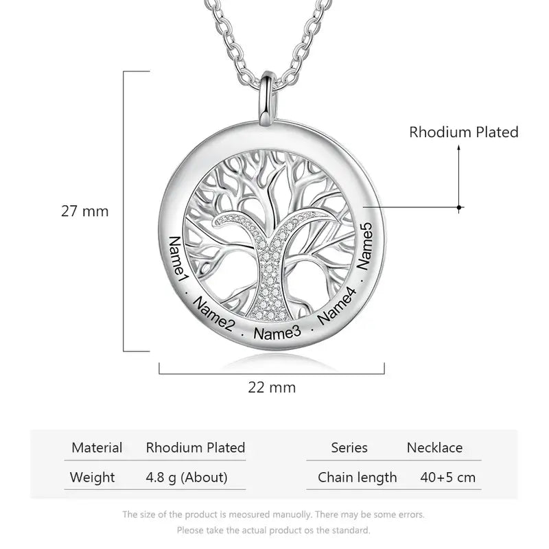 Personalised Engraved Family Tree Round Pendant Necklace