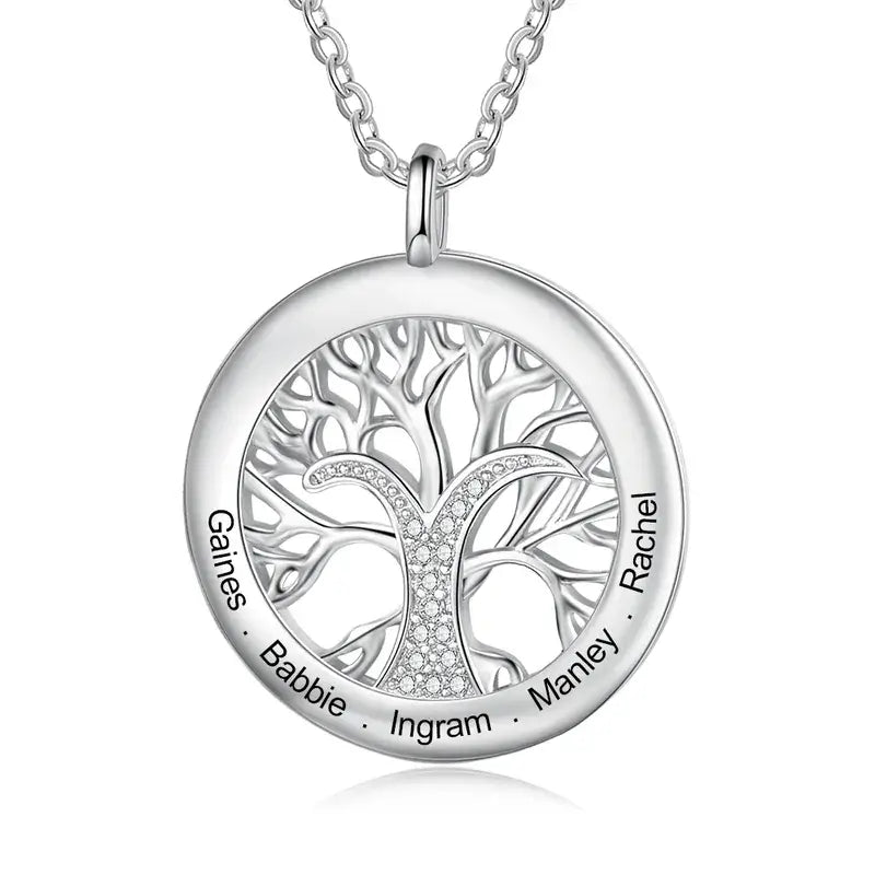 Personalised Engraved Family Tree Round Pendant Necklace