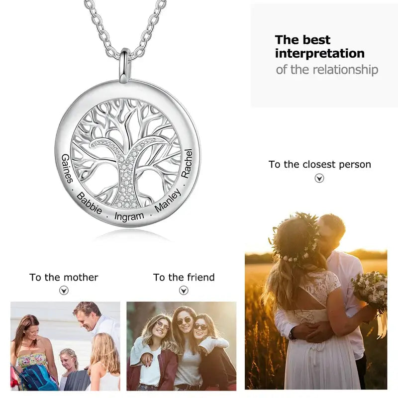 Personalised Engraved Family Tree Round Pendant Necklace
